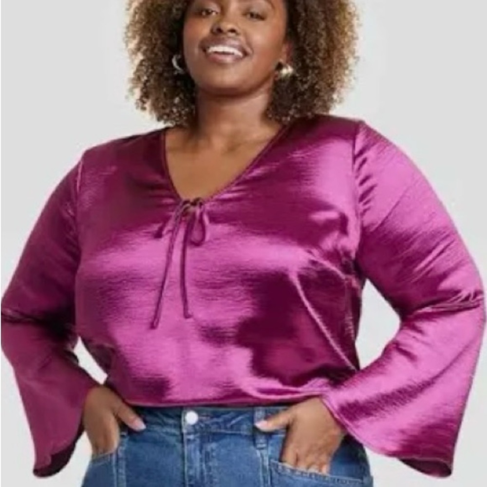 NWT XXL Ava & Viv Purple Pink Blouse V Neck Wide Sleeves